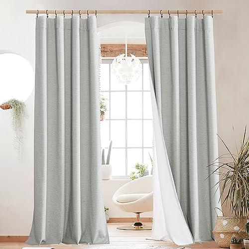 NICETOWN Grey Long Linen Full Shade Panels, Pair of Thermal Insulated & Energy Efficiency Blackout Curtains for Living Room Windows, Lined Silky Performance Window Dressing (52" Wide x 95" Long)