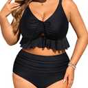 Daci Women Black Plus Size Two Piece Swimsuits - High Waisted Bikini Set Ruffle Tummy Control Bathing Suits with Bottom 18 Plus L