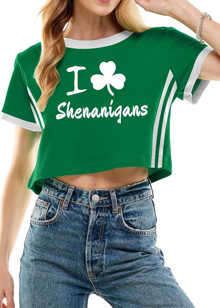 St Patricks Day Shirt Women Luck Shamrock Shirts Cute Saint Patricks Day Crop Top Irish Raglan Shirt (Green, L)