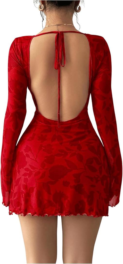 OYOANGLE Women's Floral Long Bell Sleeve Bodycon Mini Dress Open Back Lettuce Trim Party Mesh Dresses (Medium, Red)
