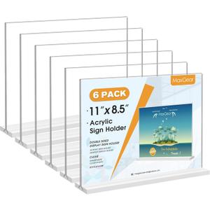 MaxGear 8.5 X 11 Acrylic Sign Holder Horizontal 6 Pack, Double Sided Display Stand, Clear Table Sign Flyer Menu Holders, Plastic Paper Stand Picture Frame for Office, Store, Restaurant