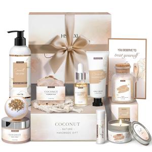 Gifts for Women Bath and Body Gift Basket Set for Women, 12 Piece Set of Coconut Home Spa Set for Self Care, Mothers Day Relaxing Bath Sets Birthday Christmas Gifts for Mom Sister Her Wife
