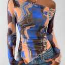 PRETTYGARDEN Womens Fall Trendy Off Shoulder Y2k Tops 2026 Tie Dye Mesh Long Sleeve Shirts Asymmetrical Ruched Floral Blouse (Beige, XXL)