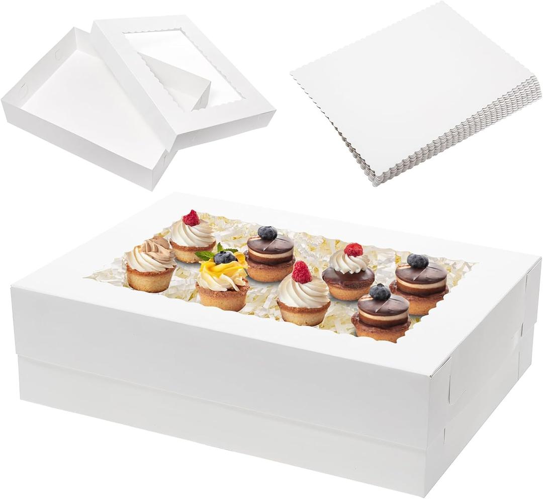 Mefleet 6pcs 19x14x5 Half Sheet Cake Boxes with 6pcs Cake Boards Rectangle 1/2 Sheet Bakery Boxes with Window for Pastry Baking Cake, Cupcakes, Donuts, Cookies, Pie Treat Packaging White Large