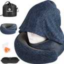 Travel Pillow - Hooded Neck Pillow Airplane Memory Foam Filling for Plane, Office, Cars Sleeping, Road Trip, Long Flights, Airplane Travel Essentials, Includes Eye Mask & Earplugs (Full Blue)