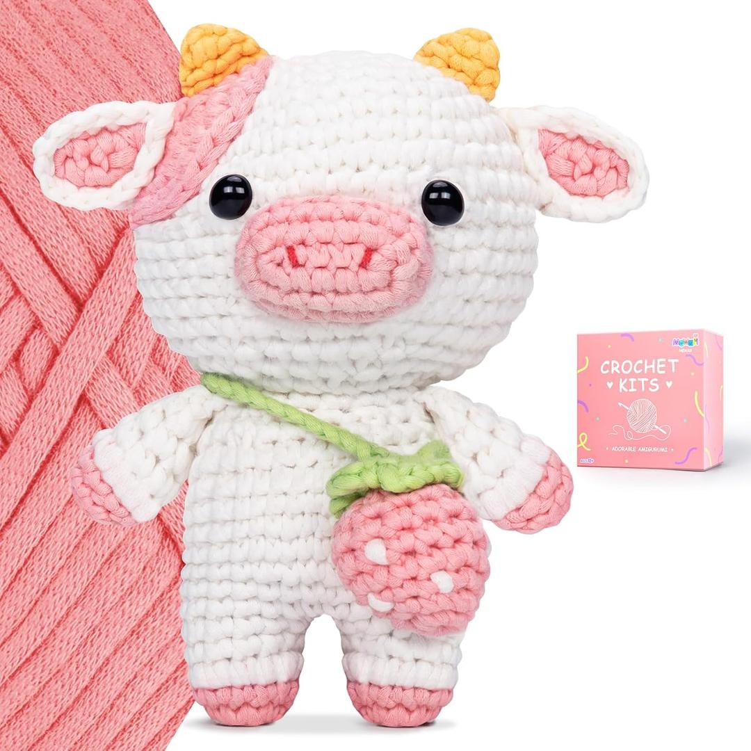 Crochet Kit, Crochet Kit for Beginners with Easy Peasy Yarn, Complete DIY Kit Crochet Starter Kit with Step-by-Step Video Tutorials, Hug Strawberry Cow