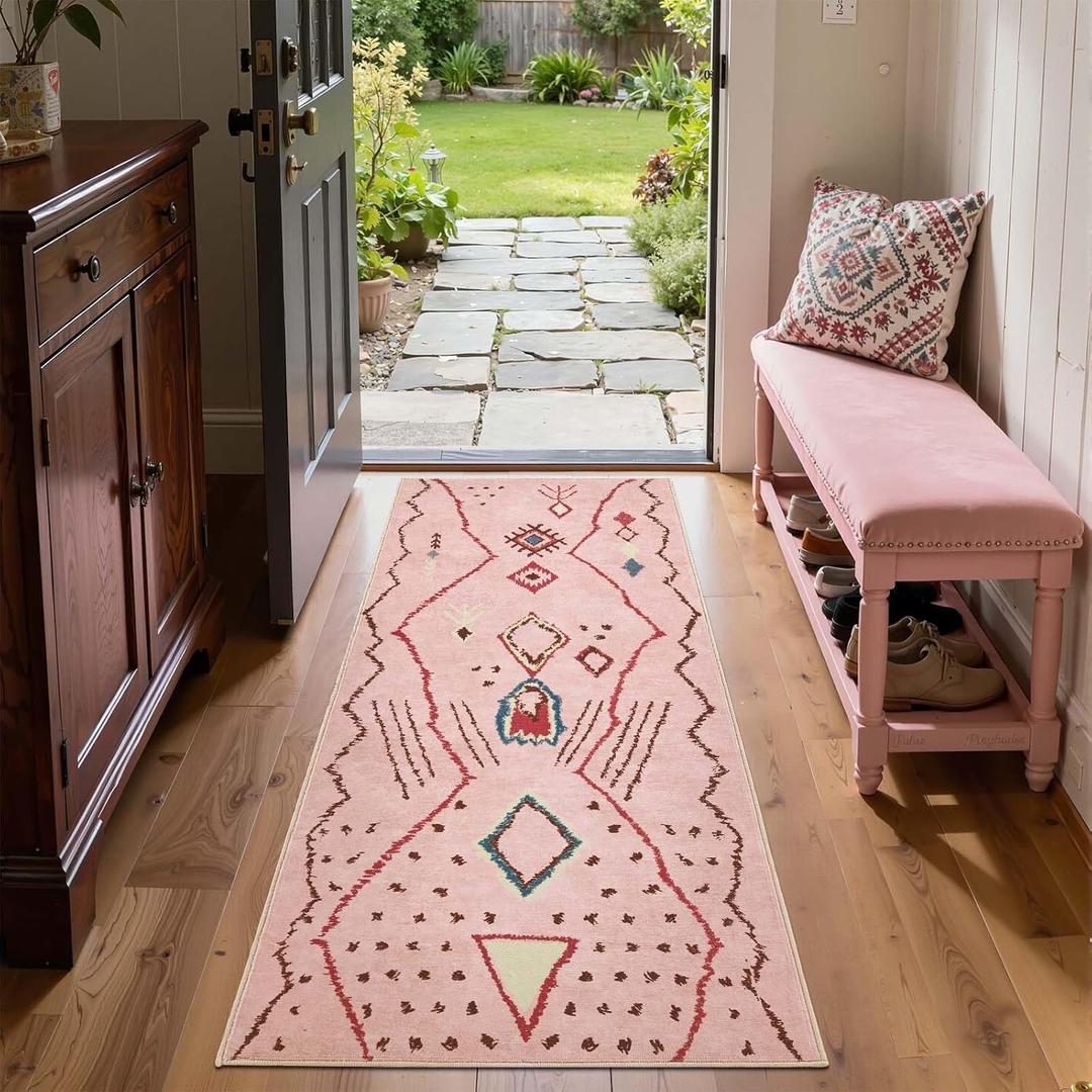 jinchan 2x5 Runner Rug Pink Washable Modern Boho Rug Geometric Hot Nerd Soft Low Pile Non Slip Accent Mat Lightweight Cozy Throw Carpet for Kitchen Bathroom Laundry Room Study Dorm