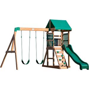 Backyard Discovery Buckley Hill Cedar Wood Swing Set with Wave Slide, Play Deck, Rock Wall Ladder, Belt Swings, Chalkboard, Canopy Roof, Outdoor Playset (Green)