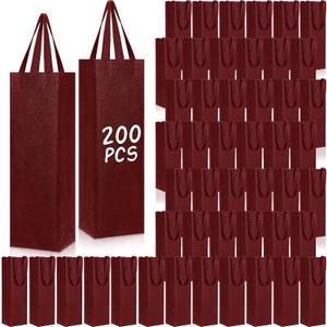 Windyun 200 Pcs Wine Gift Bags with Handle Reusable Small 13.8x3.5x3.9 Inches Liquor Bottle Totes Bulk for Birthday Wedding Christmas Holiday Party (Wine Red)