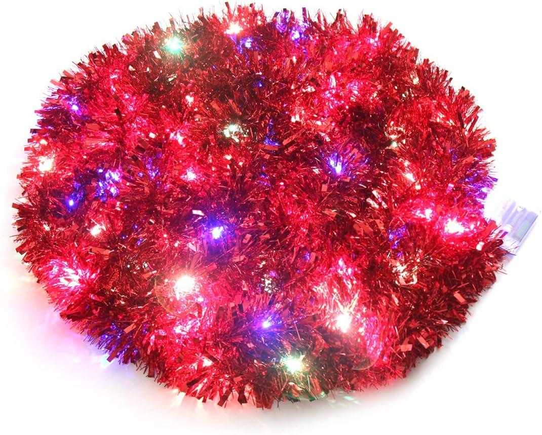 CCINEE Christmas Tinsel Garland, 33 Ft Red Garland with 100 Multicolored Battery Operated LED String Lights for Christmas Tree Decoration Wedding Party Supplies