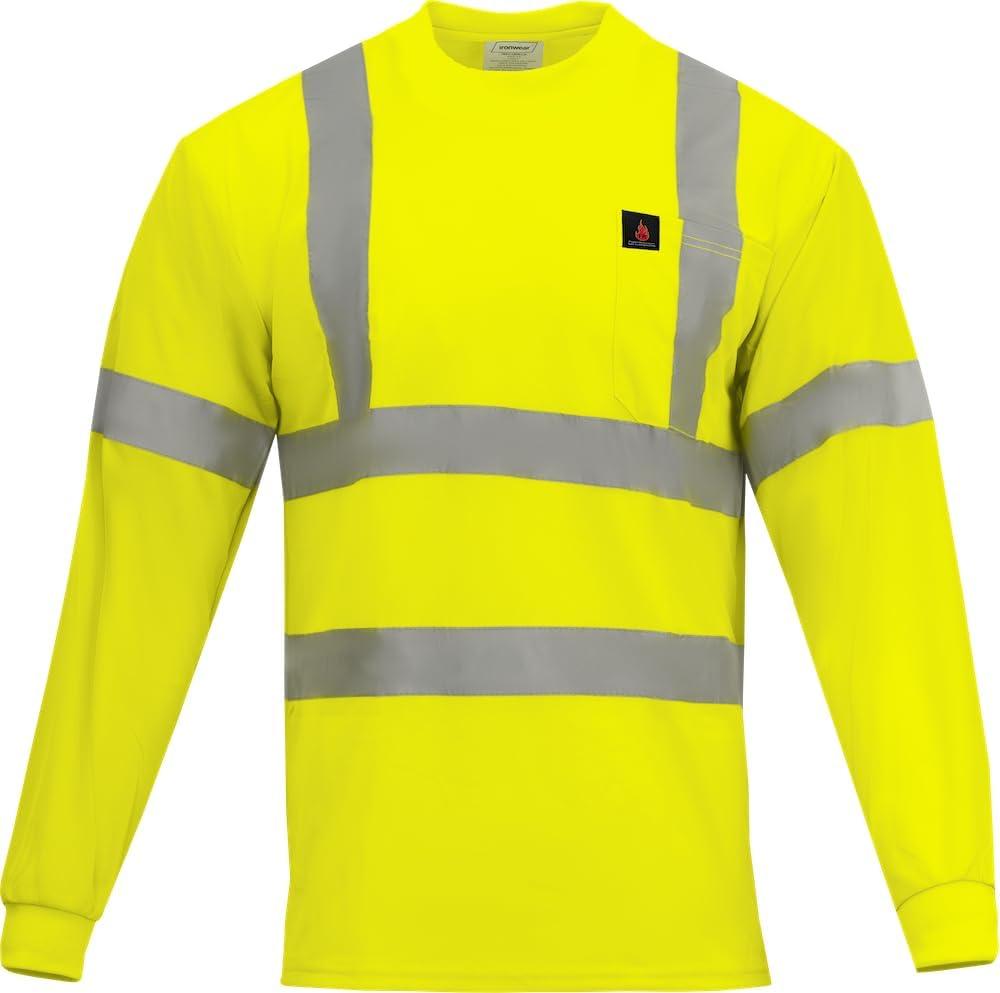 Ironwear 1204FR-L-TP-3-LG ANSI Class 3 Flame Retardant Polyester Long Sleeve Crew Neck SAFETY Shirt with Pocket & 2" Silver Reflective Tape, Lime, Large