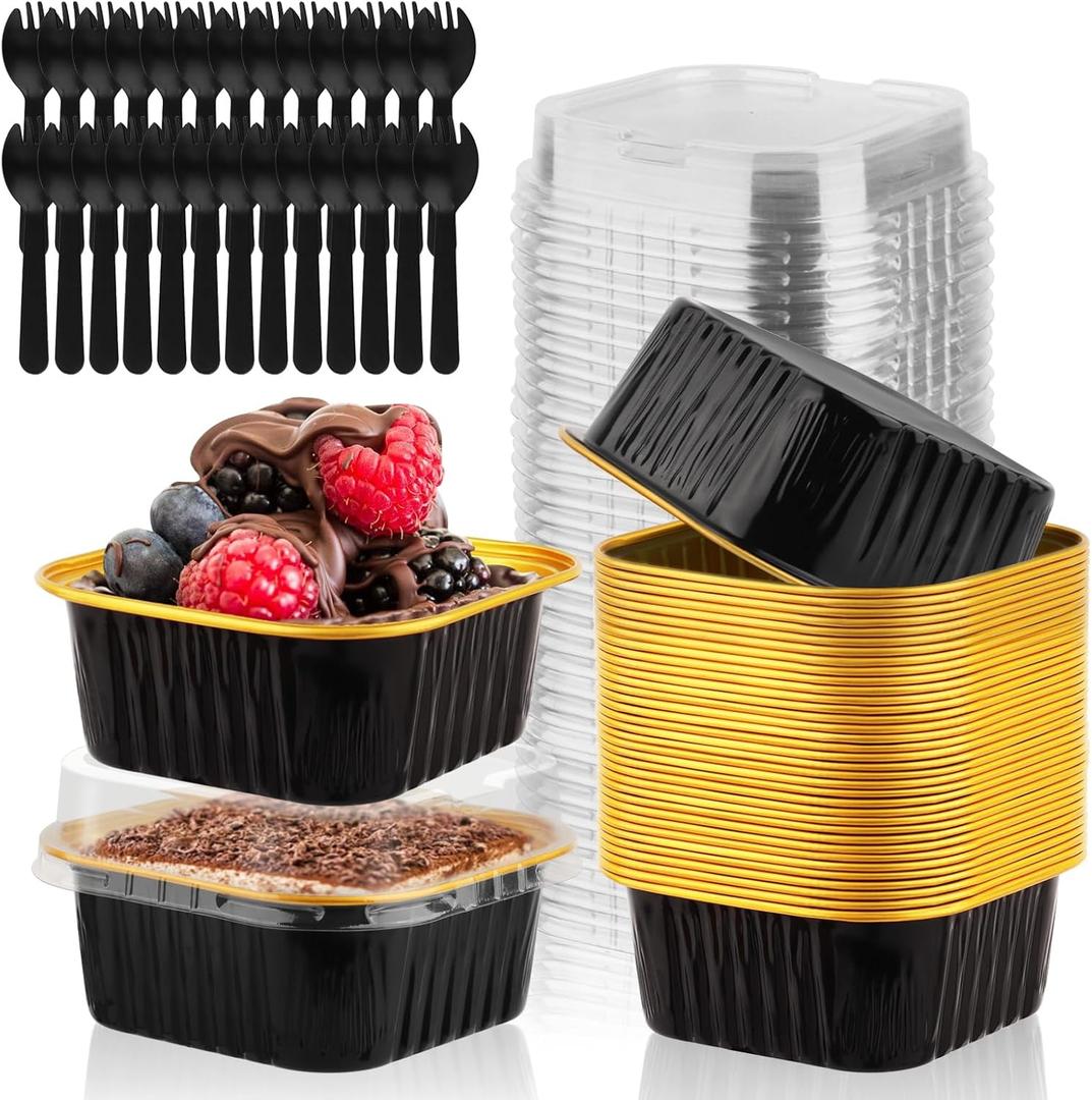 35 Pack 5 OZ Square Mini Baking Pans with Lids, 3.5x3.5 Inch Mini Cake Tins, Aluminum Foil Baking Cups Disposable Cake Containers for Party, Wedding, Birthdays, Black and Gold