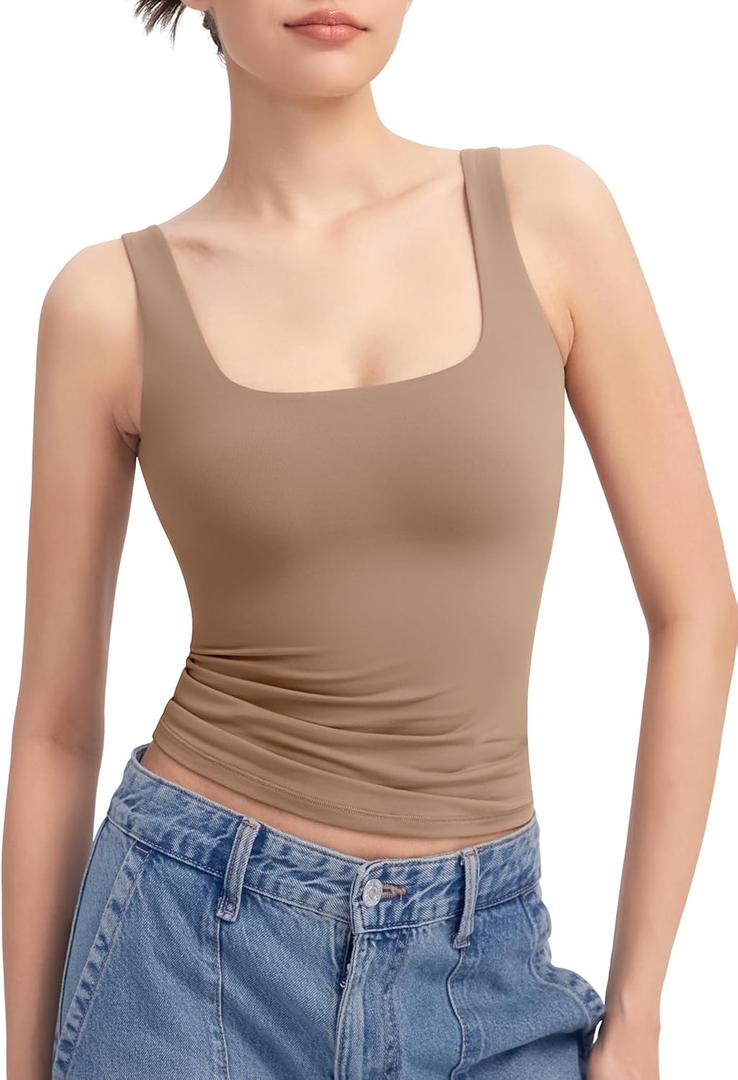 PUMIEY Women's Square Neck Tank Top Sleeveless Double Lined Basic Tops Sharp Collection (X-Large, Taffy)