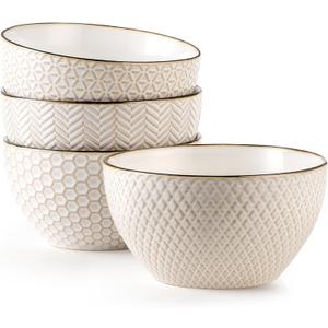 Ceramic Cereal Bowls Set - 26 Oz Embossed Soup Bowl - 6 Inch Stoneware Kitchen Bowl for Oatmeal Salad Dessert Rice - Microwave Dishwasher Oven Safe - Set of 3 - White