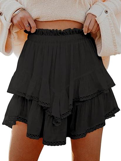 Aoudery Flowy Shorts for Women Casual Boho Ruffle Tiered Skorts High Waist Mini Skirts Golf Tennis Crochet Shorts XL, Black
