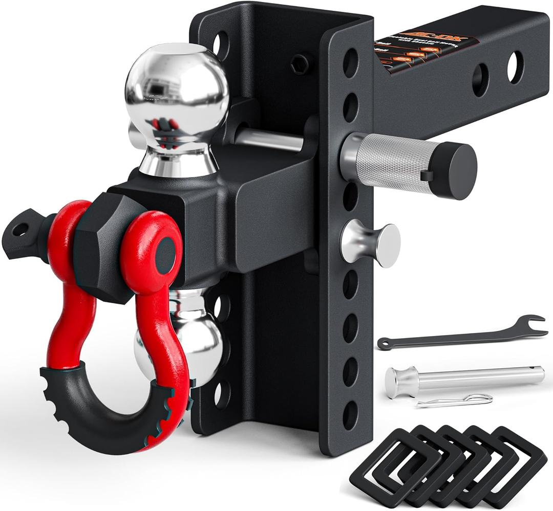 AC-DK Adjustable Trailer Hitch Ball Mount with Lock&Pin&Rotatable Tow Shackle, Fits 2-in Receiver, 4" Rise/Drop, 2-in, 2-5/16-in Hitch Ball, 10000 lbs GTW (Double Ball with Shackle)