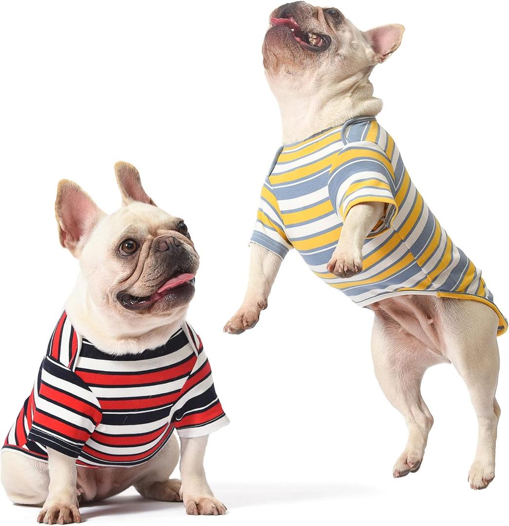 Dog Shirts Cotton Striped T-Shirt, Summer Pet Clothes for Small Dogs, 2-Pack Soft Puppy Apparel Cat Tee, Breathable Stretchy, Red Yellow S