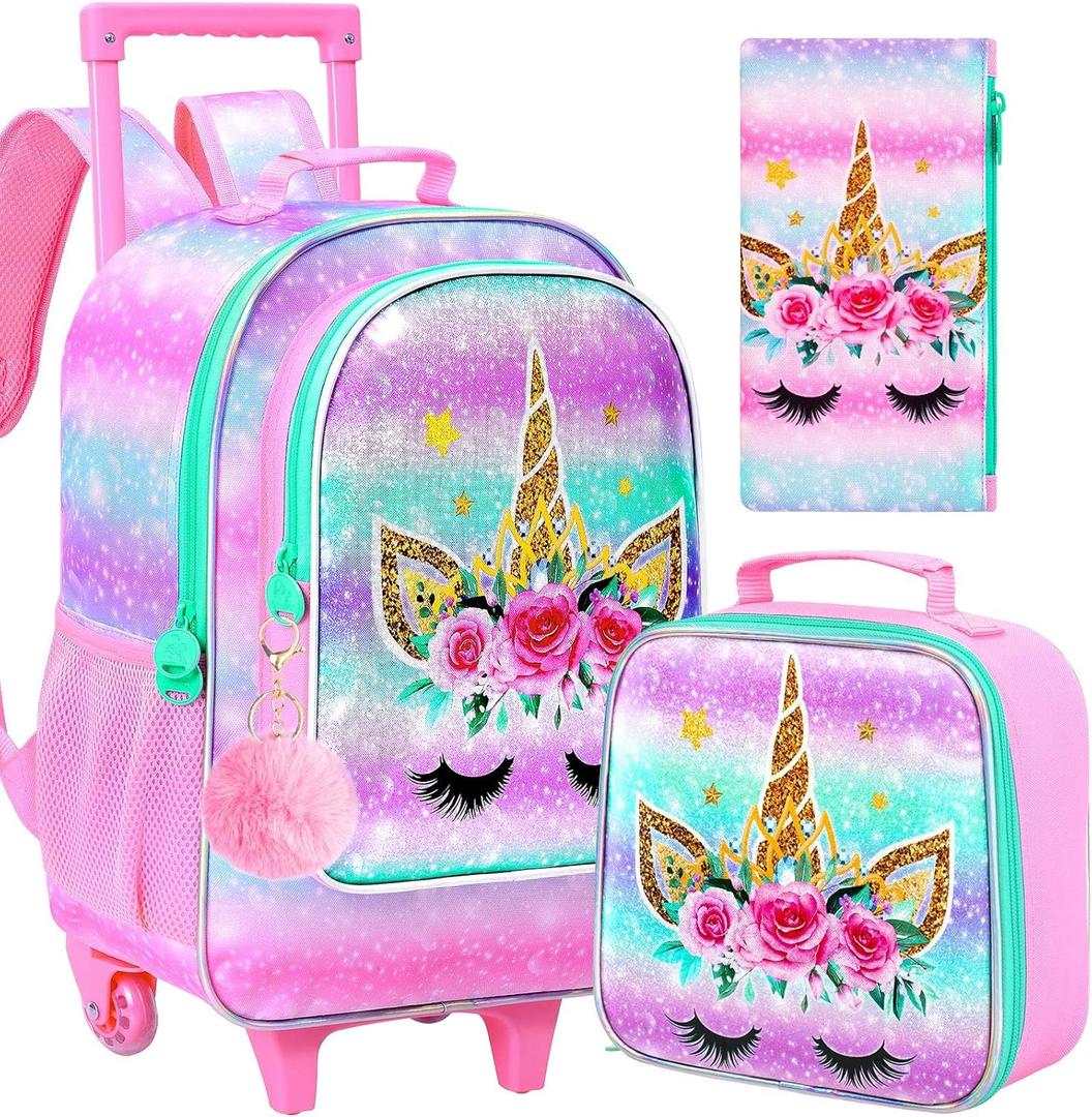 CCJPX 3Pcs Unicorn Rolling Backpack for Girls, 18" Kids Roller Wheels School Bookbag Set, Travel Wheeled School Bag for Toddler Elementary Children(Pink)