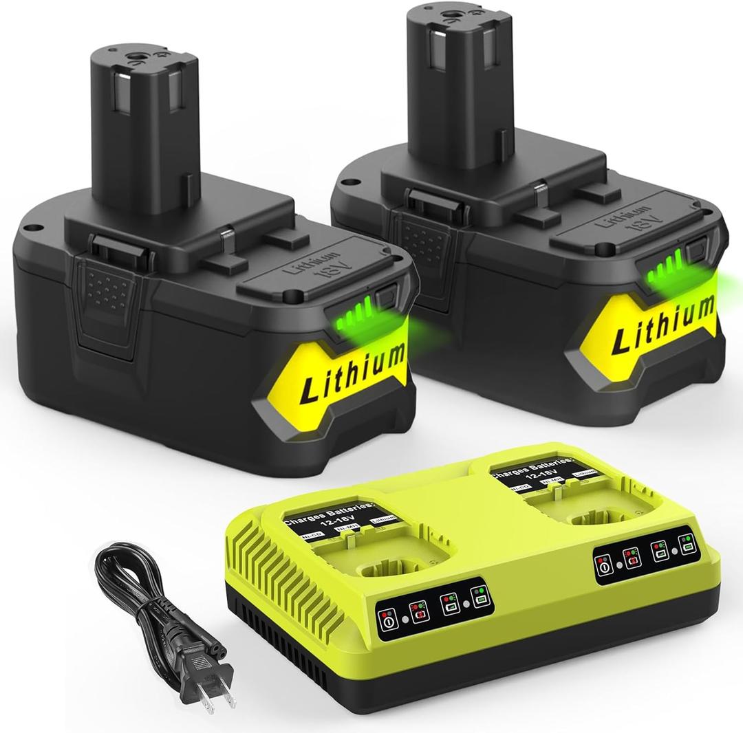 Energup 2Pack 18V P108 6.5A Replace for Ryobi 18V Battery for 18volt One Plus Lithium P108 P102 P103 P104 P105 P107 P109 P122 P190, with 2Port Ryobi Battery Charger