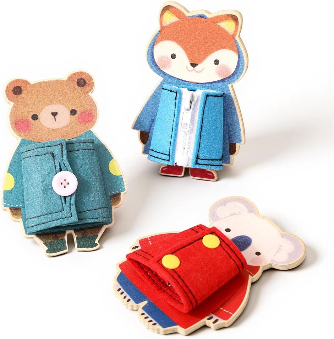 Wooden Dressing Skills Toys for Toddlers, Montessori Fine Motor Set with Zipper, Snap & Button Practice, 3 Animal Boards (Bear/Fox/Koala), Quiet Travel Toy for Preschool, Ages 2+