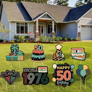 8Pcs 50th Birthday Yard Sign Decorations Vintage 1976 Lawn Sign Party Supplies Retro Styled Fifty Year Old Outdoor Garden Lawn Decor with Stakes for Men Women Home Birthday Party Outdoor Yard Decor