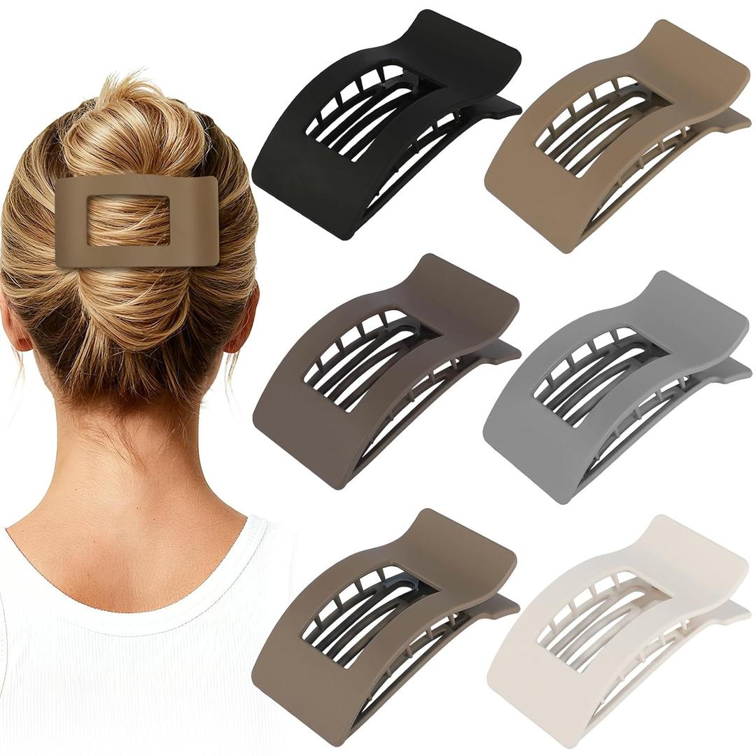 French Flat Hair Clips for Women 6pcs Hair Claw Clips for Thick or Thin Hair Matte Claw Clips for Girls Barrettes Non-Slip Strong Hold Hair Accessories for Women (Brown Grey)