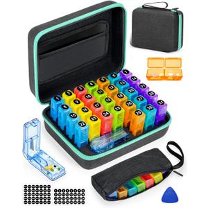 Monthly Pill Organizer 2 Times a Day, with Portable Hard Shell, Pill Cutter, 31-Day Box, Plastic Opening Pick, Monthly & Weekly Stickers, Convenient Medication Management (Black, 2 Times a Day)