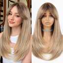 Allbell Highlight light Brown Wigs For Women Long Straight layered 24 inch Middle Part Wig Natural Looking Synthetic Heat Resistant Fiber for Daily Party Use