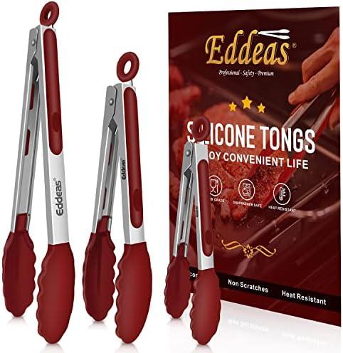 EDDEAS Tongs For Cooking - 7",9" and 12 inch Kitchen Tong with Silicone Tip,Heat Resistant 600 Degrees Metal Locking Tongs - for cooking,Salad and Barbecue, Red Set of 3