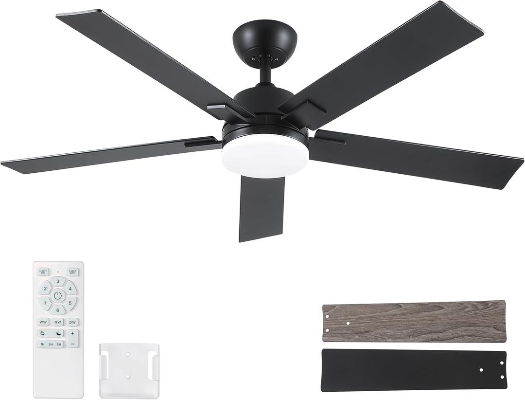 Rayqueen 52 Inch Ceiling Fans with Lights and Remote, 6 Speed Reversible DC Motor, 3CCT Dimmable LED, Black Modern Ceiling Fan for Bedroom, Living room & Covered Outdoor,Includes Downrod