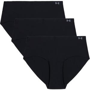Under Armour Women's 3-Pack Pure Stretch No Show Hipster Underwear, All-Day Comfort & Ultra-Soft Fit (Large, Black - Core)