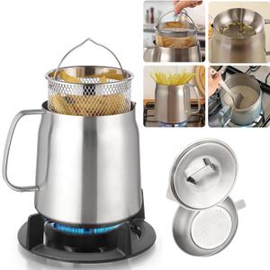Oxydrily Deep Fryer Pot with Basket and Oil Strainer, 304 Stainless Steel Pour Fryer for French Fries/ Japanese Tempura, Small Versatile Frying Pot for Kitchen Oil Filter/ Grease Container/ Cooking 2L/ 2Qt