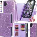 Varikke for iPhone 16 Wallet Case Detachable with RFID Blocking Card Holder for Women, Glitter PU Leather Wrist Strap Strong Magnetic Flip Wallet Removable Phone Case for iPhone 16 6.1", Light Purple