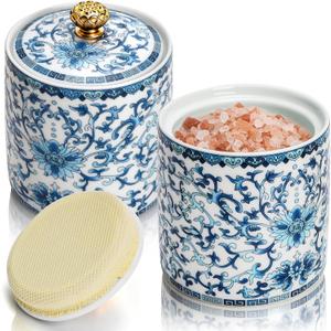 2 Pack Blue and White Porcelain Salt Cellar with Lid, Vintage Ceramic Salt Containers for Countertop, Small Airtight Salt Storage Box, Seasoning Holder, Spice Jars for Sugar, Candy, Herbs