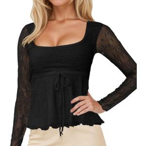 Women Y2k Square Neck Sheer Mesh Ruffle Hem Babydoll Tee Shirt Long Sleeve Lace Up Lettuce Trim Layered Peplum Top, Size Small