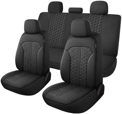 YGL Luxury PU Leather Car Seat Covers Full Set, Anti-Stain Interior Protector.Waterproof Auto Seat Covers for Cars,Trucks,Van,SUV,Pickup,Airbag Compatible (Black/Gray Line)