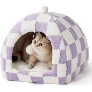Lesure Cute Cat Beds for Indoor Cats - 2 in 1 Cat Cave Bed for Kittens and Small Pets with Removable Washable Cushioned Pillow, Cozy Kitten with Non-Slip Bottom, Purple, 16 inches