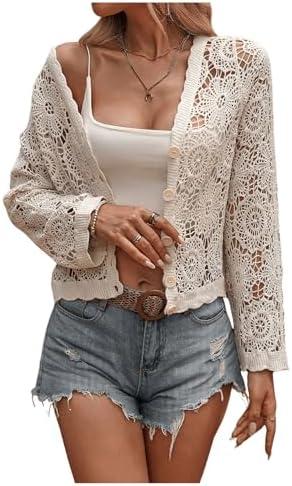 BEAUDRM Women's Cardigan Sweater Crochet Hollow Out Button Front V Neck Long Sleeve Knit Crop Sweater Top Medium BEAUDRM Women's Cardigan Sweater Crochet Hollow Out Button Front V Neck Long Sleeve Knit Crop Sweater Top Medium