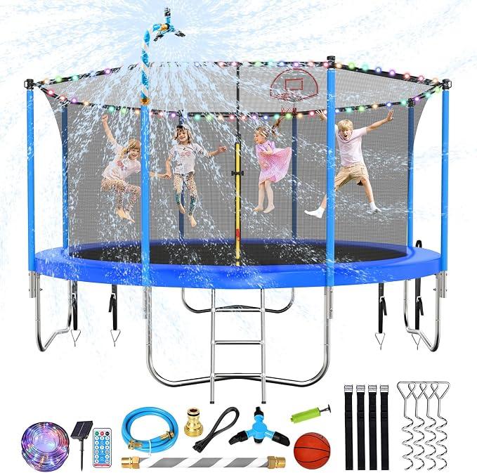 Lyromix 12FT Trampoline Outdoor, Light/Sprinkler/Basketball Hoop Large Recreational Trampoline for Kids and Adults, Heavy Duty Yard Trampolines with Enclosure Net, ASTM Approval