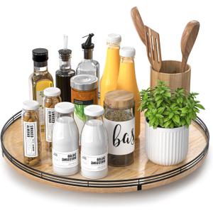 18" Lazy Susan Oak Wood Turntable Organizer for Cabinet, Farmhouse Round Wooden Large Lazy Susan Organization and Storage for Dining Table, Pantry, Kitchen, Countertop, Cupboard, Home Decor (Brown & Black)