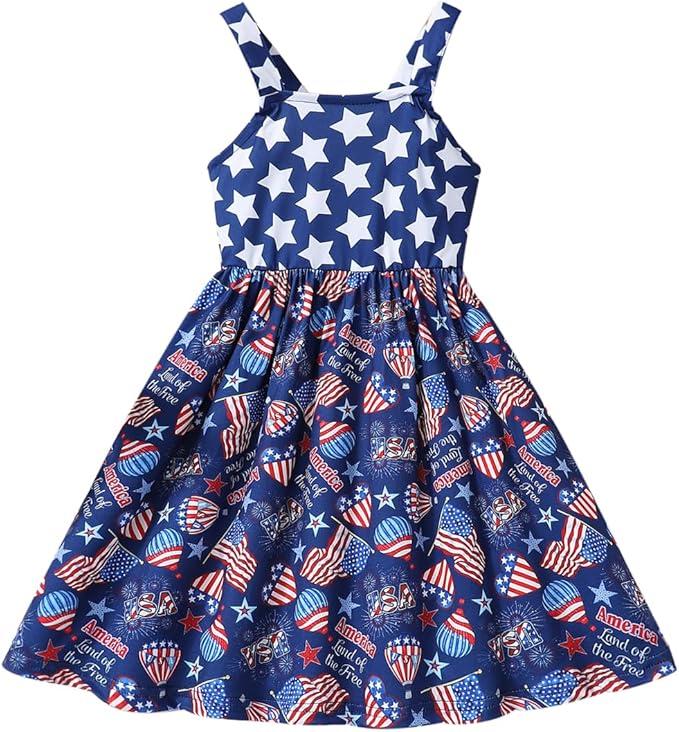 Girls 4th of July Outfit American Flag Dress Crisscross Back Red White and Blue Patriotic Dresses, 4-5Y