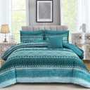 WONGS BEDDING 8 Piece King Size Comforter Set, Teal Texture Striped Bed in a Bag Comforter and Sheet Set, Boho Lightweight Microfiber Bedding Set for All Season (90"×104")