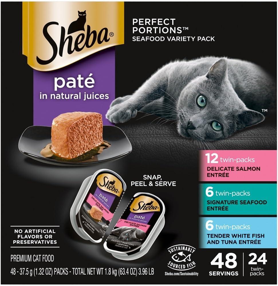 Sheba Perfect Portions Wet Cat Food Pate with Sustainable Salmon, Signature Seafood Entree, and Tender White Fish and Tuna Entree Variety Pack, 2.6 oz. Twin Pack Trays (24 Count, 48 Servings) (EXP 03/31/28)