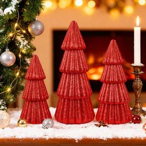 Artmag Set of 3 Christmas Tree Decorations Indoor, Glittering Modern Christmas Tree Decor Tabletop Entryway Table Mantel Centerpiece for Holiday Party (Red)