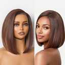 GORGIUS Chestnut Brown Caramel Highlights Bob Lace Front Wig Glueless Straight Short Wigs Upgrade with Human-Hair-Like Sythetic Hair Pre Cut Pre Plucked Side Part Hairline 12 Inch