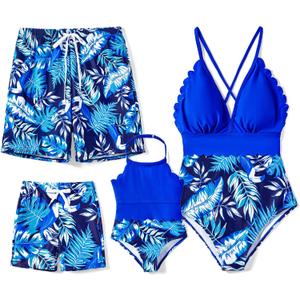 PATPAT Mommy and Me Matching SwimsuitOne Piece V Neck Bathing Suits Leaves Printed Family Swimwear Matching Set