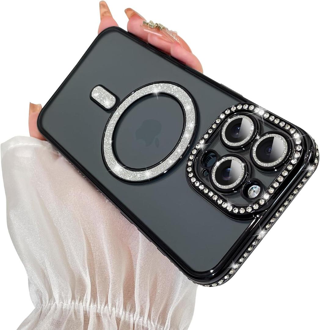 SAKUULO Magnetic Case for iPhone 15 Pro Max 6.7inch Clear Plating,Black | Compatible with MagSafe,Glitter Sparkly Diamonds Rhinestone with Camera Protector Slim Shockproof Protective Women Girls