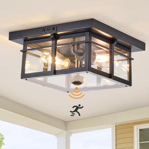 Motion Sensor Outdoor Flush Mount Ceiling Light, Industrial Glass Rustic Wood-Like Finish 2-Light Ceiling Lamp for Porch, Entryway, Garage, Timer and Sensitivity Adjustable (Black-Square)