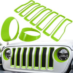 Front Grille Mesh Inserts & Headlight Cover for Jeep Wrangler JL JLU Sport & Sport S Only 2018-2023 Exterior Accessories Clip-in Grille Guard Cover Headlight Bezels Trim Ring (Green 9PCS)