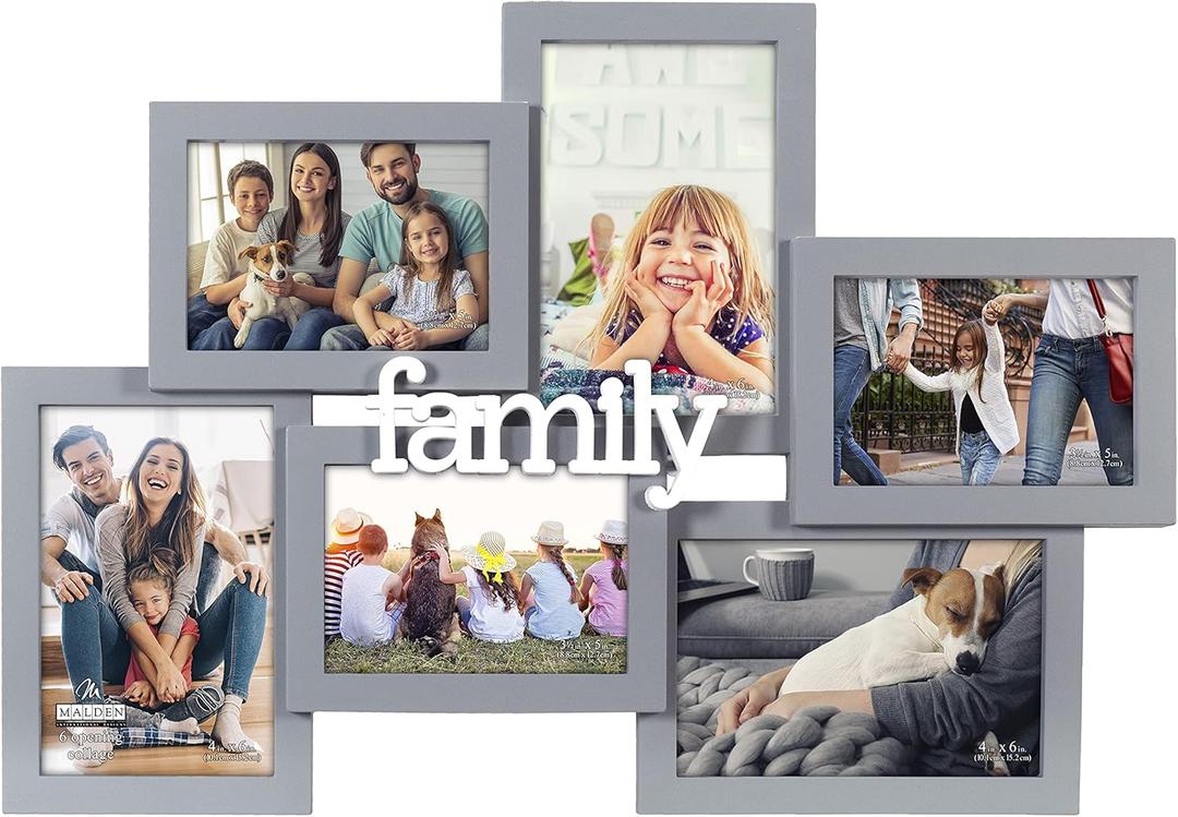 Malden International Designs 4x6 3.5x5 6-Opening Dimensional Gray Collage with Family Word Attachment Photo Wall Frame (9183-60)